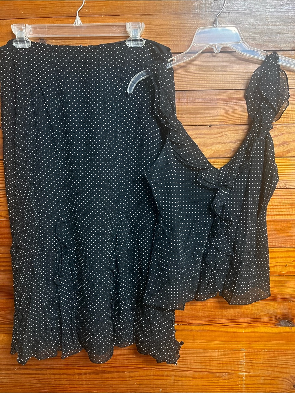 Lauren Ralph Lauren Silk Polka Dot Ruffle Top Skirt Set Sz 12/10 Black White
